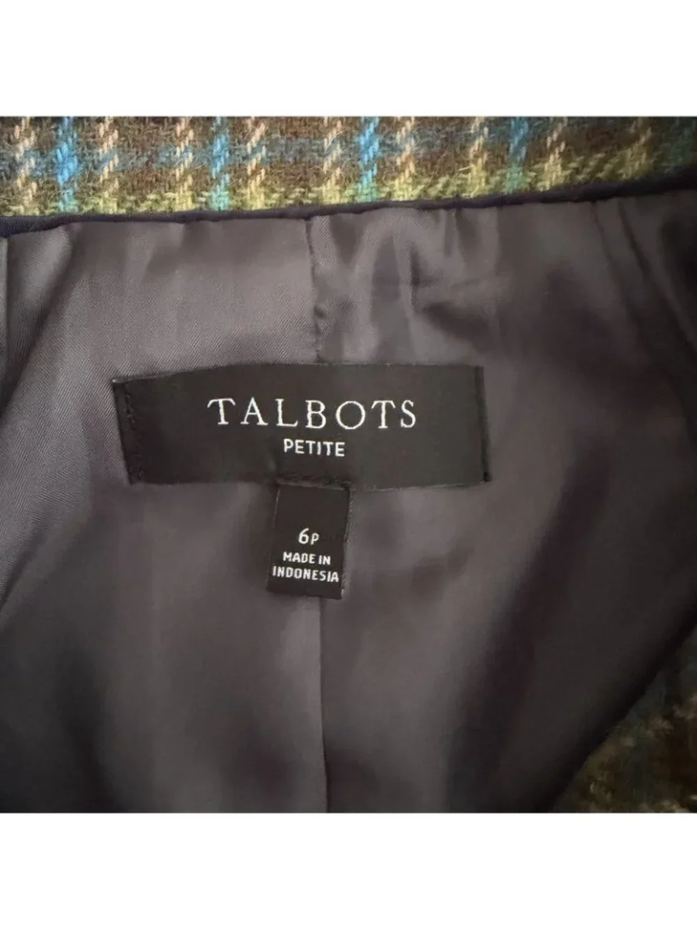 Talbots Shetland Officer Jacket 6P Green Plaid Wool Blend Gold Buttons